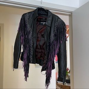 Leather Jacket with purple Fringe cowboy/ moto
